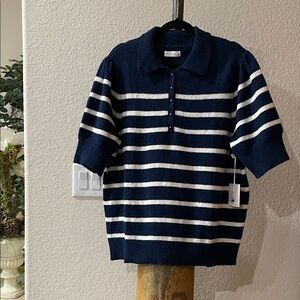 NWT~ LC Lauren Conrad Navy & Cream Striped Knit Polo Top | Short Sleeve | SZ 2X